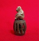 Japanese Wooden Monkey On Drum Netsuke Style Openwork Carving Figure