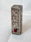 Antique 800 Silver Carnelian Lipstick Tube Case Etched Floral Hinged Mirror
