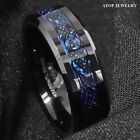8 6mm Tungsten Carbide Ring Black Celtic Dragon Blue Carbon Fibre Atop Jewelry