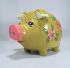 Vintage Mcm Ceramic Piggy Bank New W Tags Yellow Pink Green Flower Power   
