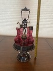 Antique Victorian Cranberry 6 Piece Silver Plate Rotating Castor Cruet Set 16 h