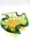 Vintage Glass Art Ashtray Curled Edge Flower Emerarald Green Amber Trinket Dish
