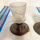 Antique Pair Brass Ceiling Huggers W  Satin Shades W  Embossed Rose Design  5157