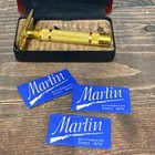 Vtg Gillette Gold Tone 3 Piece Safety Razor Reissue Pat  17567 W Case   Blades