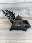 Antique Cast Iron Double Inkwell Desk Set Glass Ink Wells Victorian Blotter Set