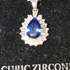 Blue Pear Teardrop Cubic Zirconia Halo Pendant Necklace Silver Tone Cable