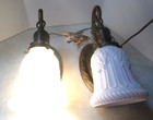 Pair Of Antique Brass Wall Sconces white Milk Glass Embossed Shades P   S 1910 s
