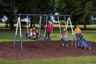 Swingin  More Fun - Outdoor Backyard Playground Kids Swing Set  White blue