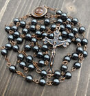 Hematite Rosary Beads Black Catholic Necklace Anqiue Holy Mary Soil Medal Cross