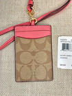 Coach Lanyard Signature Id Badge Card Case Khaki Pink Ruby F63274 Pre-own