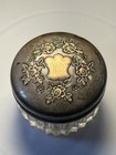 Antique Sterling Silver Repouss   Rose Lid Cut Crystal Vanity Powder Dresser Jar