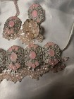 Pink Crystal Silver Plated Jewelry Set Oval Necklace   Dangle Earrings