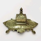 Antique Brass Double Inkwell Inkstand Victorian Style Desk Set Ornate Hinged Lid
