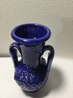 Vtg Cobalt Blue Small Embossed Flowers Floral Vase Double Handle Usa 5 25 h