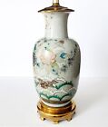 19th C  Chinese Famille Rose Porcelain Table Lamp Floral   Birds Glazed Crackled