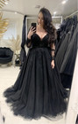 Gothic Black Wedding Dresses Long Sleeve V Neck Lace Applique A Line Bridal Gown