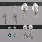 Southwestern Sterling Silver Feather Dangle Turquoise Earring Lot - 4 Pair