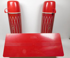 Vintage Red Thermos 3 Piece Travel Picnic Set With Vinyl Bag Mcm Complete Vg
