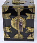 Vtg Chinese Asian Wooden Black Lacquer Brass Accents Jewelry Box cabinet 1950 s