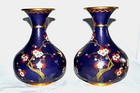Vintage Chinese Mirror Image Flowers Bird Cobalt Blue Cloisonn   Vases Pair 9 t 