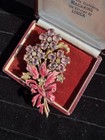 Pot Metal Pink Floral Brooch 1940s Enamel Rhinestone Large Vintage Pin