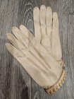 Chateau Beige Soft Leather Gloves Braided Cuff Button Detail Woven Trim Vintage