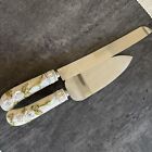 Stainless Steel Wedding Cake Knife   Server Set White Roses Flower Sculpted