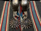Unique Pair Of Damascus Steel    jm    Marked Spurs W  Chains   Jingle Bobs - Rare