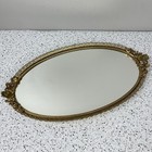 Vintage Hollywood Regency Gold Tone Metal Ornate Rose Oval Vanity Mirror Tray