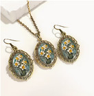 Jewelry Set3pcs Daffodil Flower Necklace Earring Set Oval Glass Cabochon Jewelry