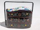 Vtg Antique Chinese 3-tier Lacquer Wedding Basket - Hand-painted Porcelain Lid