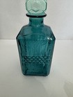 Teal Glass Decanter W Stopper Vintage Style Liquor Bottle Barware Diamond