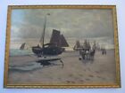 Antique Nautical Painting Boats Ships Coastal Seascape Figures Landscape Old