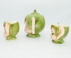 Vintage Lefton Green Pixie Elf Set Tea Pot  Creamer And Sugar