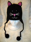 Delux Black Stitch Face Cat Hat   Mittens Matching Set Knit Adult Costume Lined