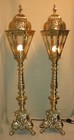 Antique Pair English Solid Brass Column Mantle Lamps Glass Panels Hinged Crowns