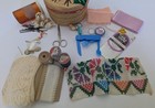 Vintage Straw Sewing Basket With Original Contents Wood Spool Phone Key Chain