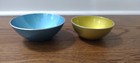 2 Mid Century Modern Blue Yellow Gold Emalox Aluminum Bowls Norway Vintage