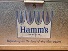 Vintage Hamms Beer Metal Aluminum Textured Cooler With Tray   Blue Padded Lid