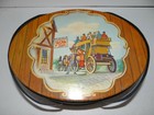 Vintage Oval Tin Metal Lunch Box Western Scene Stagecoach Horses With Handles
