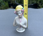 Antique German 3-1 8  Porcelain Half Doll Pin Cushion  5160 - Flowers In Hair