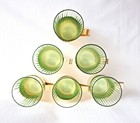 Vtg  Mid Century Tea Glass Holder W  Brass Finish - Green Faceted Glass Set Of 6