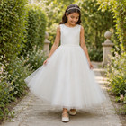 Girls White Flower Girl Dress Pearl Waist First Communion Wedding Formal Dress