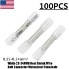 White 100 200pcs Heat Shrink Butt Wire Connectors Crimp Terminal Awg 24-26 Gauge