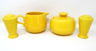 Rhythm Homer Laughlin Yellow Creamer Sugar Salt Pepper Set Harlequin Mcm Vintage