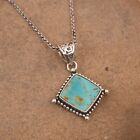 Genuine Kingman Turquoise Square 925 Silver Oxidized Pendent Necklace Jewelry