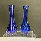 Vintage Pair Cobalt Blue   Clear Art Glass Vases With Lobbed Base