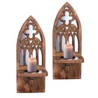 Handcrafted Wooden Wall Candle Sconces - Set Of 2 With Mirror 16 Inch Pillar 