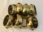Vintage Hammered Brass Faux Jeweled Napkin Rings Set Of 8
