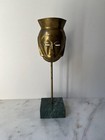 Vintage Asian Male Brass Gold Head Face Mask With Marble Base 12    Tall